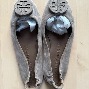 Tory Burch Beige Suede Reva Travel Ballet Flats